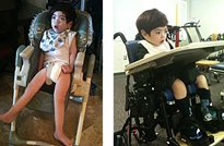 Before and after pictures showing first a boy sitting uncomfortably in a chair with no supports and then positioned comfortably in adaptive seating equipment