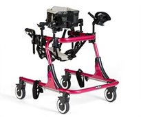 A pink Rifton Gait Trainer featuring prompts for every part of the body shows the new product design and development manufacturing process includes therapists requests