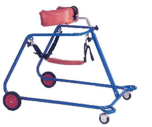A blue Rifton Gait Trainer featuring a simple trunk support shows the product design and development of the past