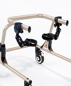A champagne Pacer gait trainer with the thigh prompts mounted on the upper bars