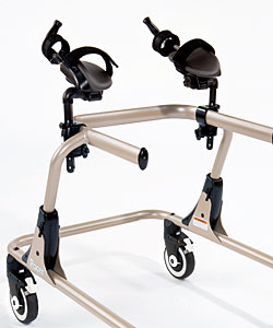 A Rifton Pacer gait trainer frame with two arm prompts correctly mounted on the top bar