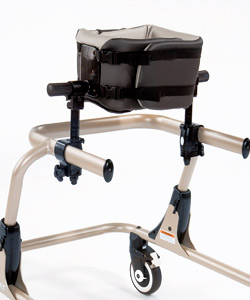 A champagne Rifton Pacer gait trainer frame with the chest prompt mounted on the side bars