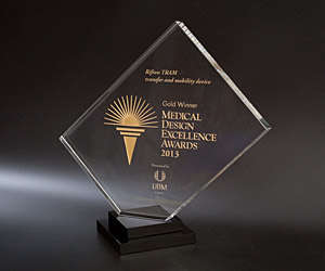 Display of the medical device excellence gold award won by the Rifton TRAM