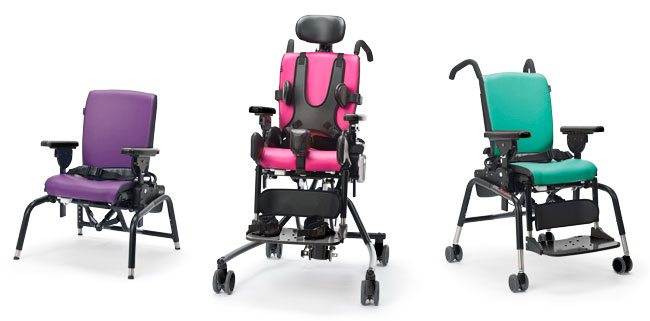 The Rifton Activity Chair in three special colors: purple, pink and green. 