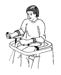 Illustration of a child in an adaptive classroom chair showing proper positioning using a gait trainer with arm prompts