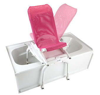 Product photo of the New Rifton special needs WAVE bath chair mounted on the tub transfer base.