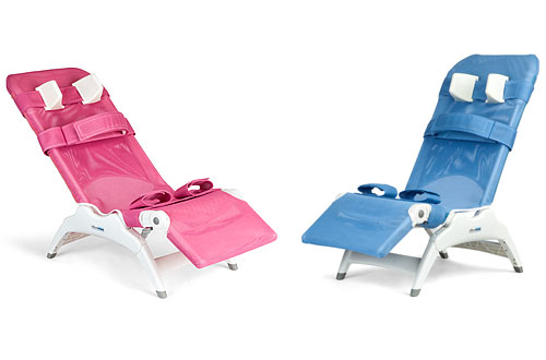 The new adaptive Rifton Wave Bath Chair shown in pink and blue 