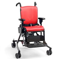A glamour shot of a red Rifton activity chair on a white background.
