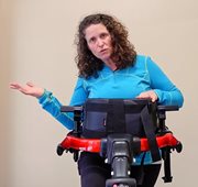 Cathy Ripmaster, MS, PT demonstrates how to adjust the chest prompt on the Rifton Pacer gait trainer